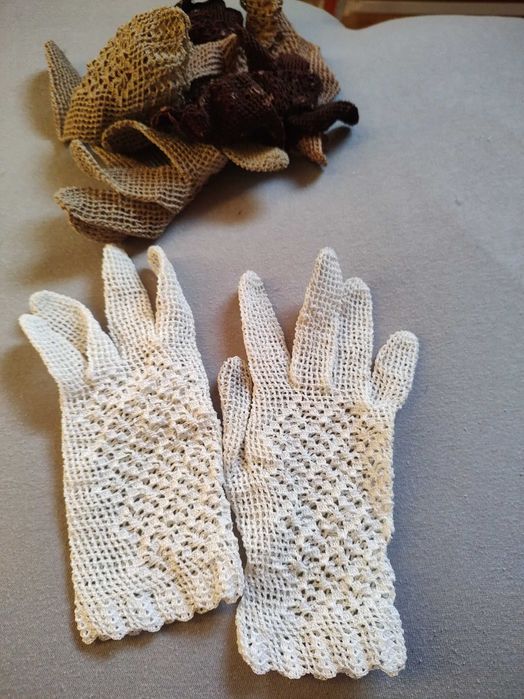 Ażurowe rękawiczki ręcznie robione szydełko HandMade UnikatPRL śliskie