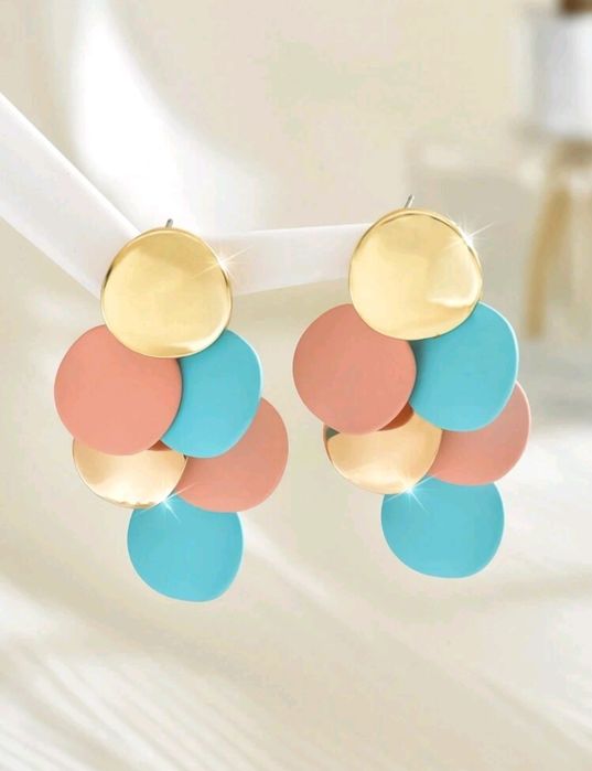 Kolczyki geometryczne kółeczka złoty różowy niebieski Biżuteria