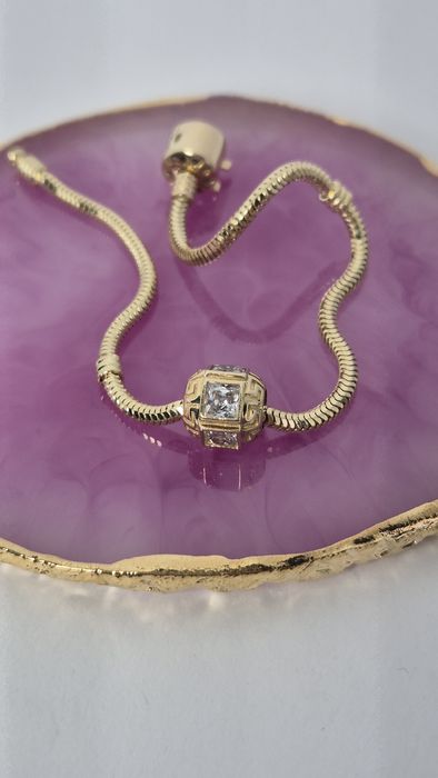 Nowy złoty charms do bransoletki typu Pandora kulka cyrkonie 585