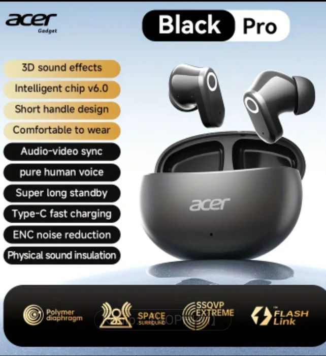 Навушники Acer блютуз, бездротові True Wireless Stereo Black Pro - нов