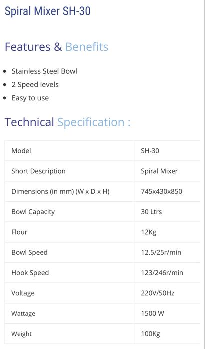 Amassadeira Spiral Mixer SH 30 litros