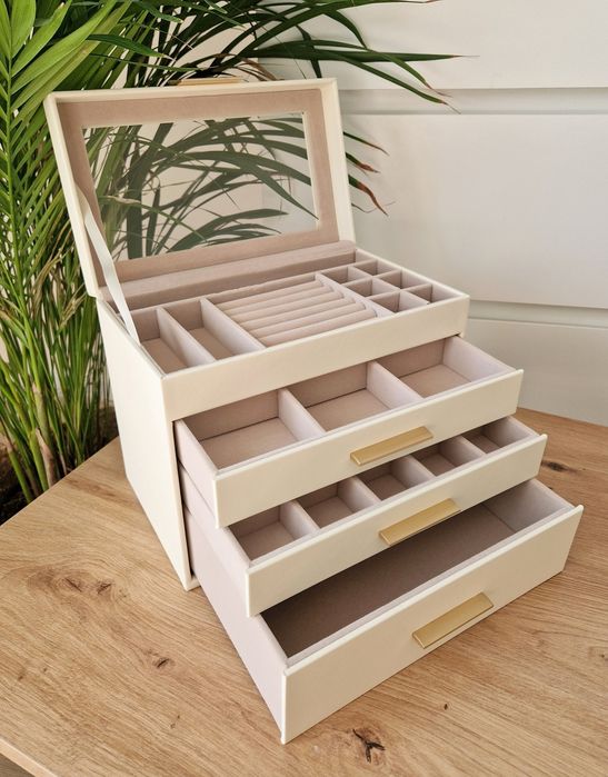 Duży luksusowy kuferek na biżuterię skórzany ecru kremowy nowy