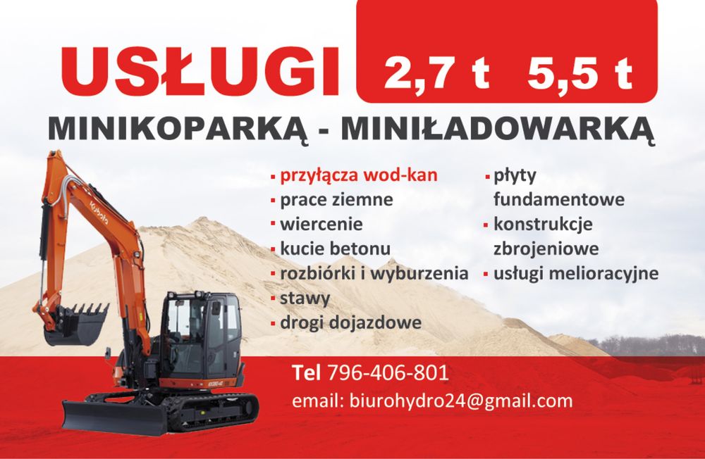 Usługi minikoparką koparka 9t kucie betonu wod-kan spychacz ładowarka