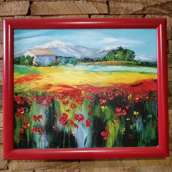 Картина "Альпийское  поле с маками и домиком" масло (мастихин)