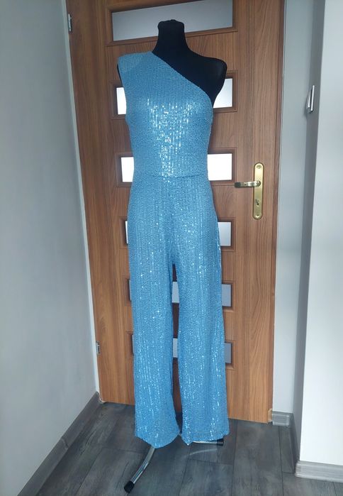 Kombinezon cekinowy na jedno ramię okazjonalny wieczorowy imprezowy elegancki M