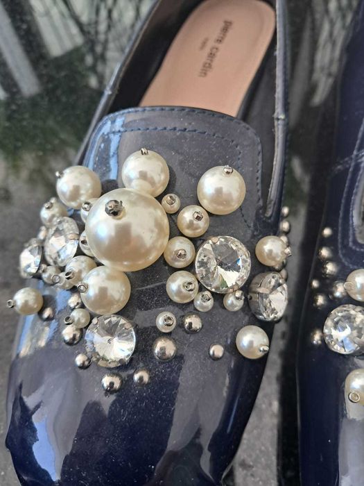 Pierre Cardin balerinki granatowe  kamenie perły eleganckie