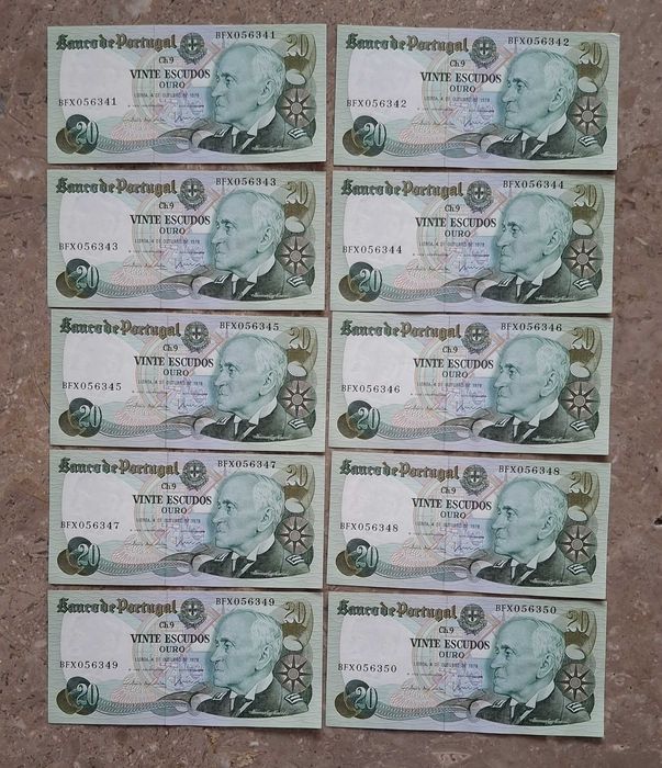 Portugal - lote de 10 notas de 20 escudos - números seguidos