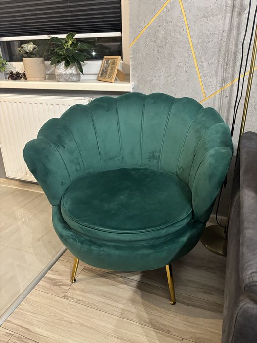 Fotel uszak muszla butelkowa zieleń złote nogi stan idealny