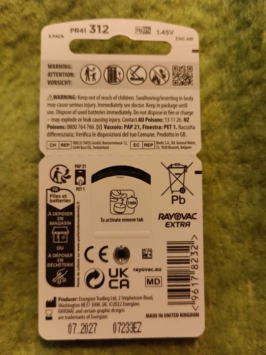 Продам батарейки RAYOVAC EXTRA 312 (PR41) для слухового аппарата
