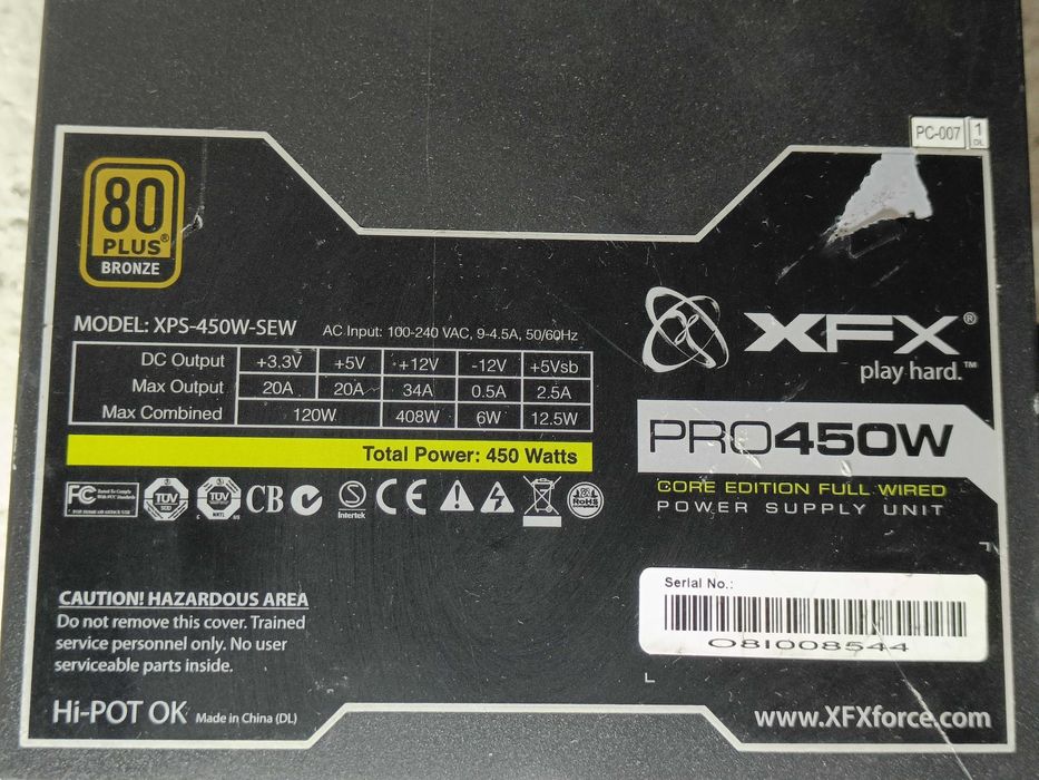 Блок живлення XFX PRO 450W 80 PLUS BRONZE 8pin GPU 8pin CPU на ПЛОМБІ!