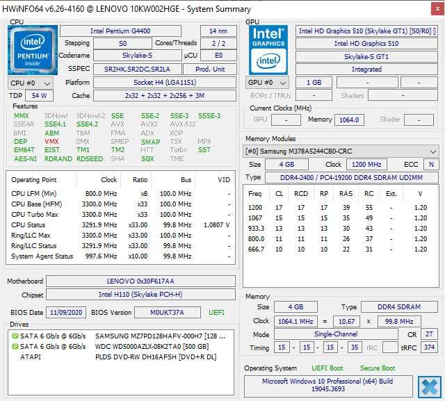 Lenovo S510 Type 10KW, Intel G4400 3,3GHz, 4GB DDR4, SSD+HDD, WIN10Pro