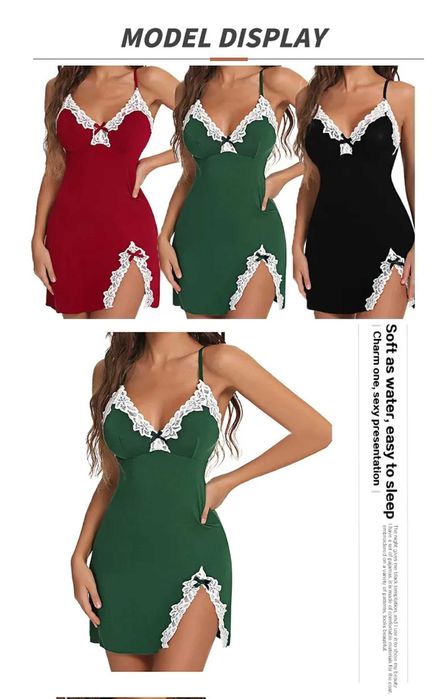 Seksowna koszula nocna koronkowa jedwab satyna dekolt czerwony roz M