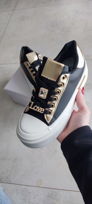 Wyprzedaż! Trampki Sneakersy na Platformie Złote Cyrkoniowe Zdobienia