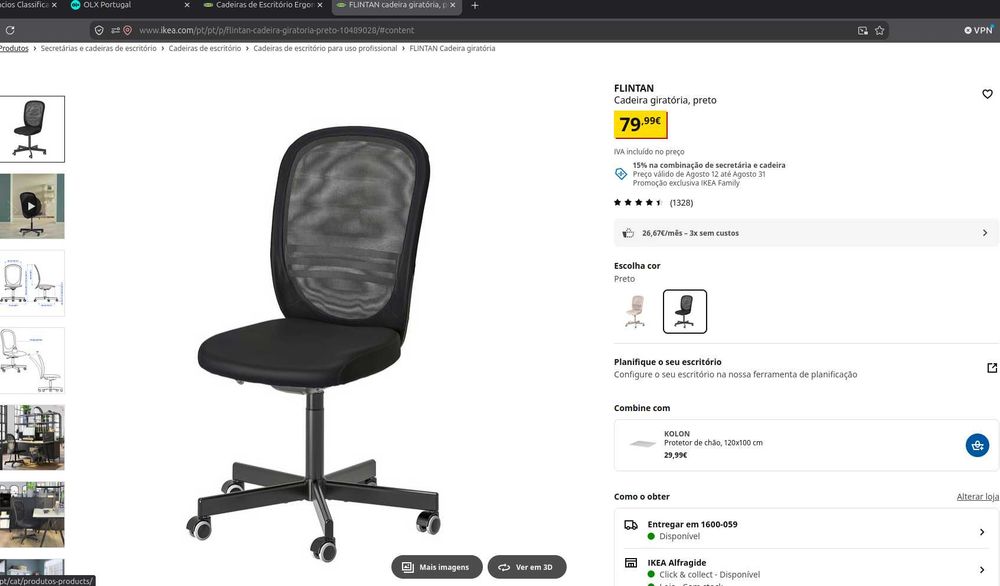 Cadeira IKEA FLINTAN Preta – Escritório com Encosto em Rede
