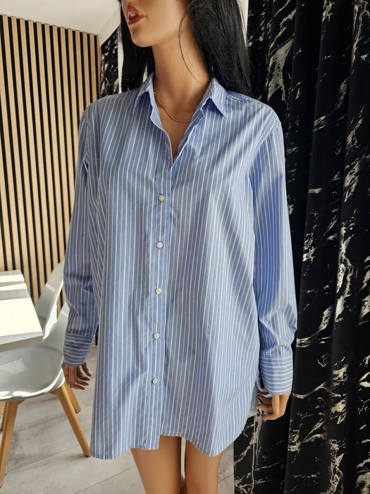 Modna koszula damska w błękitno-białe paski – Oversize, styl boyfriend H&M S
