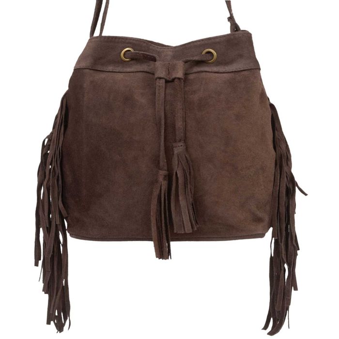 VERA PELLE torebka zamszowa listonoszka z frędzlami V477 c.brązowa