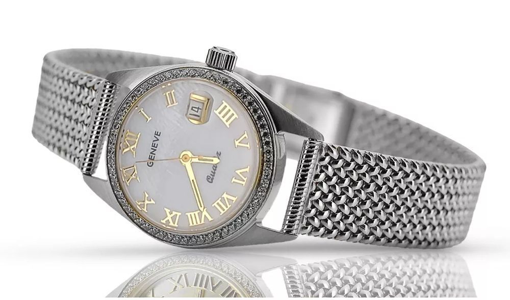 Zegarek damski z białego złota 14k 585 Geneve lw078wdpr&lbw003w-Perłow