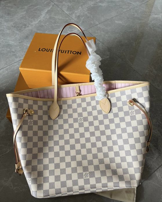 Torebka shopper LV Louis Vuitton Neverfull MM biala kratka różowy