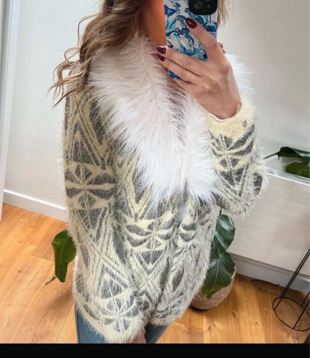 River island kardigan długi  sweter kanarkowy L 40 gruby z futrem