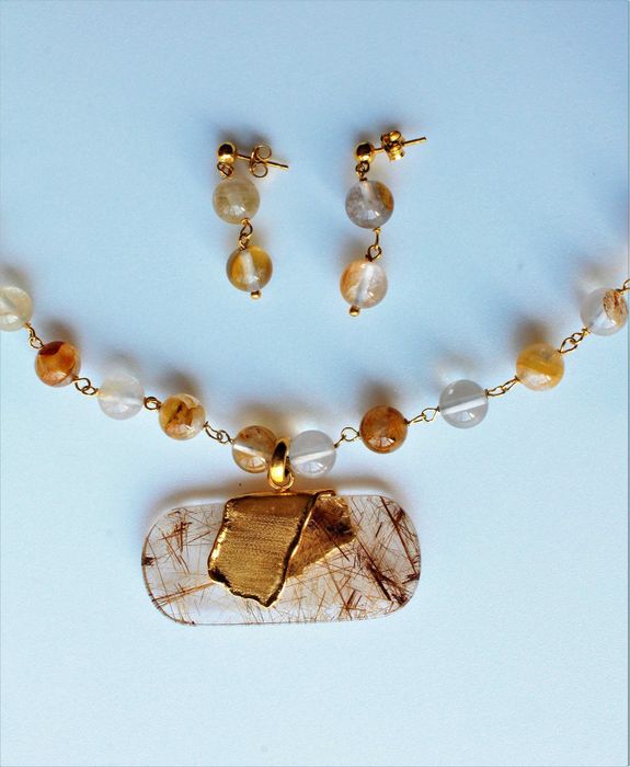 Colar e Brincos em Quartzo Rutilado Dourado