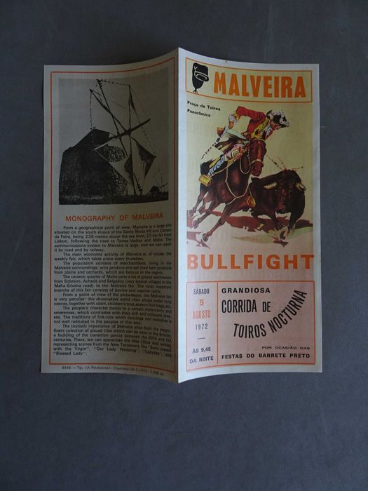 Programa de tourada bullfight Malveira 5 agosto 1972