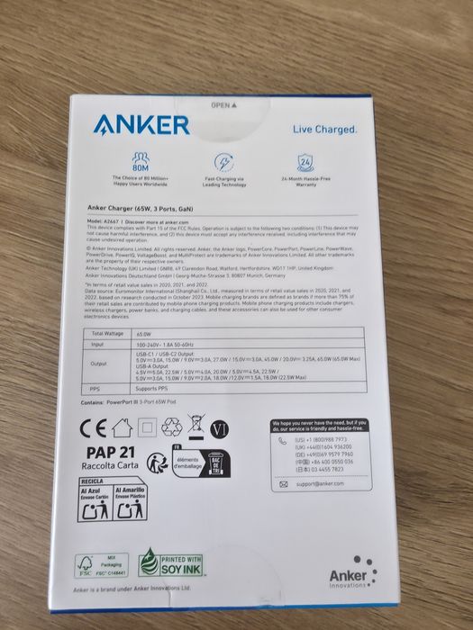 Зарядний пристрій Anker 65W GaN 3 порти