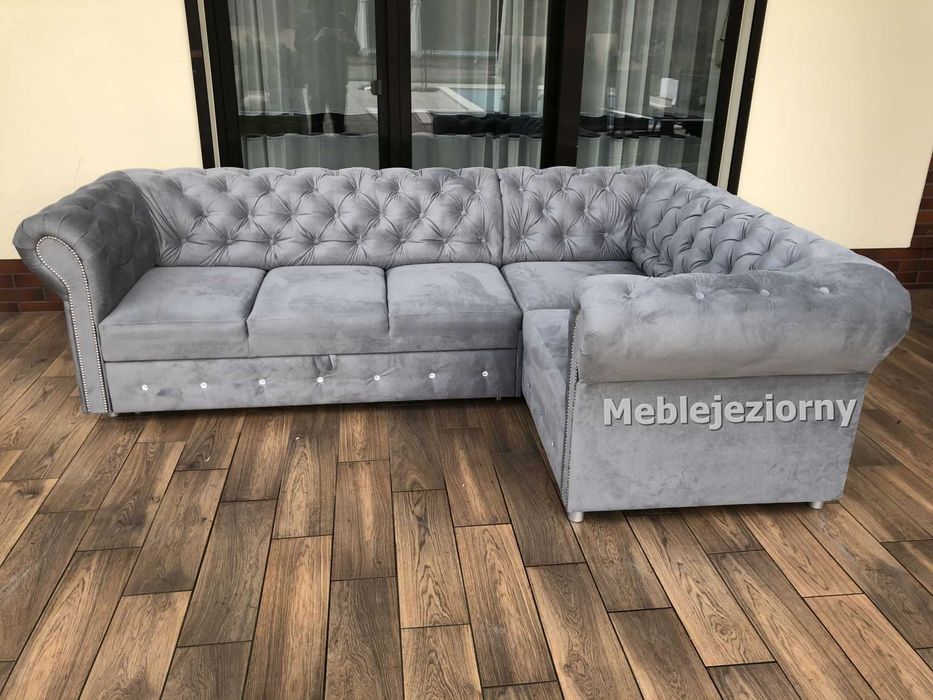 Pikowany Wygodny  Narożnik Chesterfield z funkcją spania