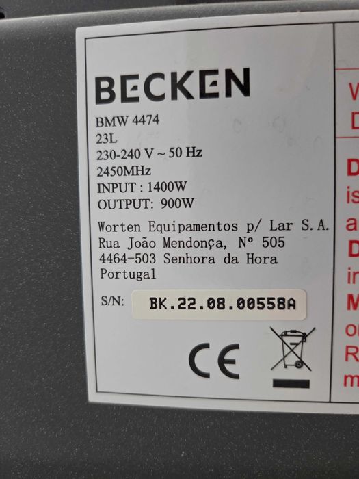Microondas BECKEN BMW4474 (23 L, 900W, sem grill, preto)