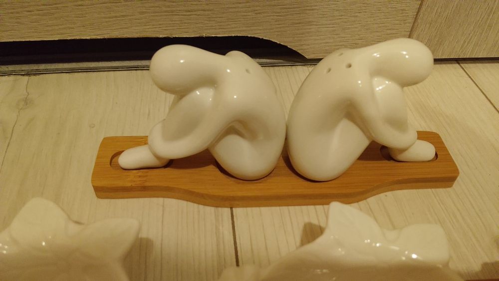 Zestaw porcelanowych misek do serwowania, solniczka i pieprzniczka