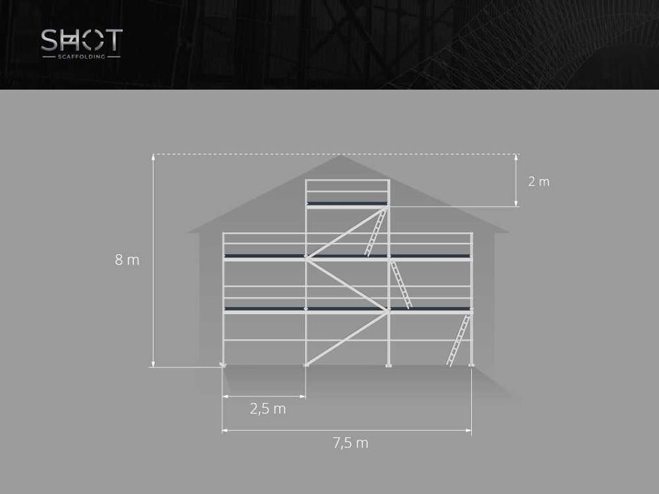 Stalowe szczytowe rusztowanie 8x7,5 podesty 2,5m nowe Plettac komplet