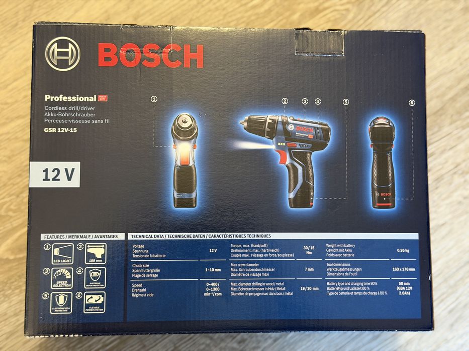 Wkretarka Bosch GSR 12V-15 nowa, komplet