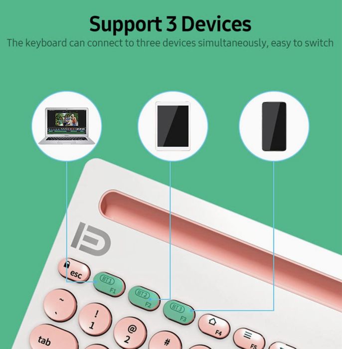 Teclado sem fio BT com teclas redondas. Suporte para 3 dispositivos