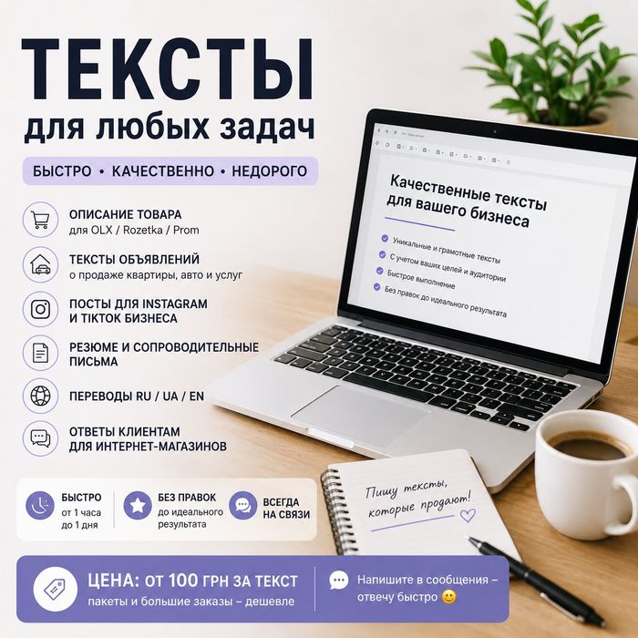 Напишу тексты, описания товаров, резюме, переводы быстро..