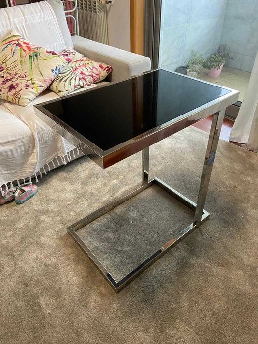 Mesa de apoio em inox e tampo em vidro lacado preto - cbhome