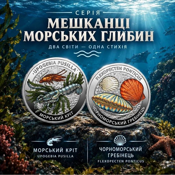 Набір із двох памʼятних монет «Мешканці морських глибин» 2026 у сувенірному пакованні