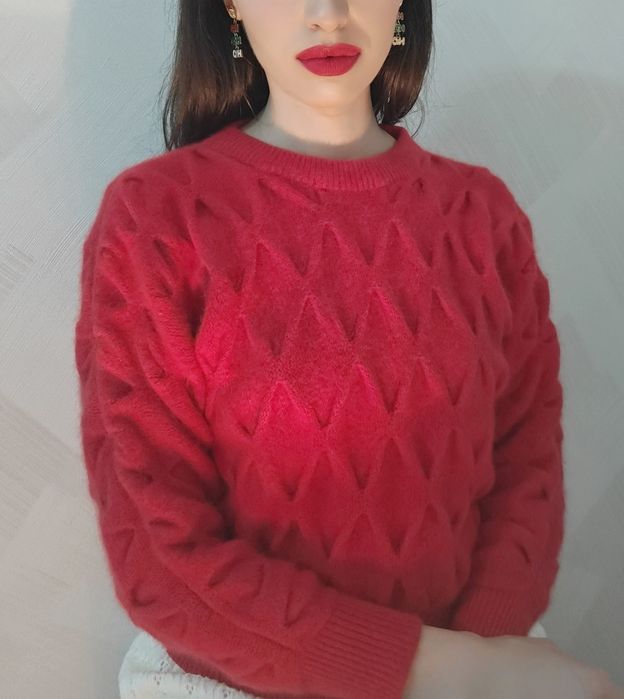 Gruby czerwony sweter Lambs wool angora rabbit hair knitwear