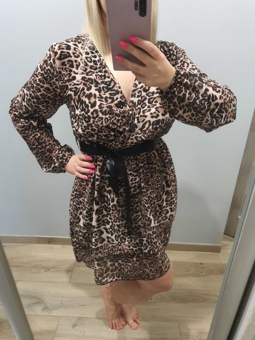 Sukienka w panterkę dekolt w kształcie litery V uniwersalna S M L XL