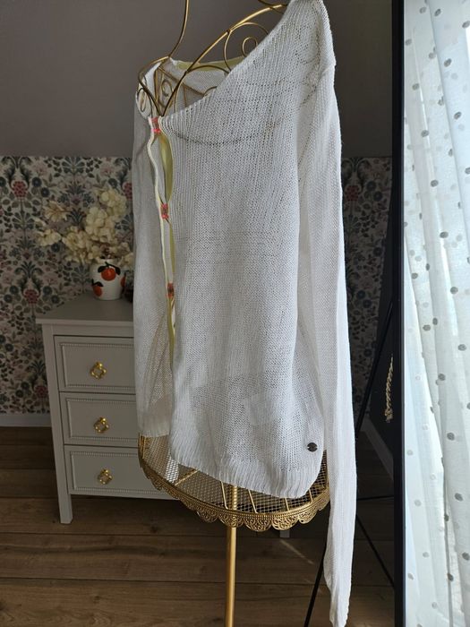 Kardigan damski lniany biały Esprit - 100% len M sweter lekki zapinany