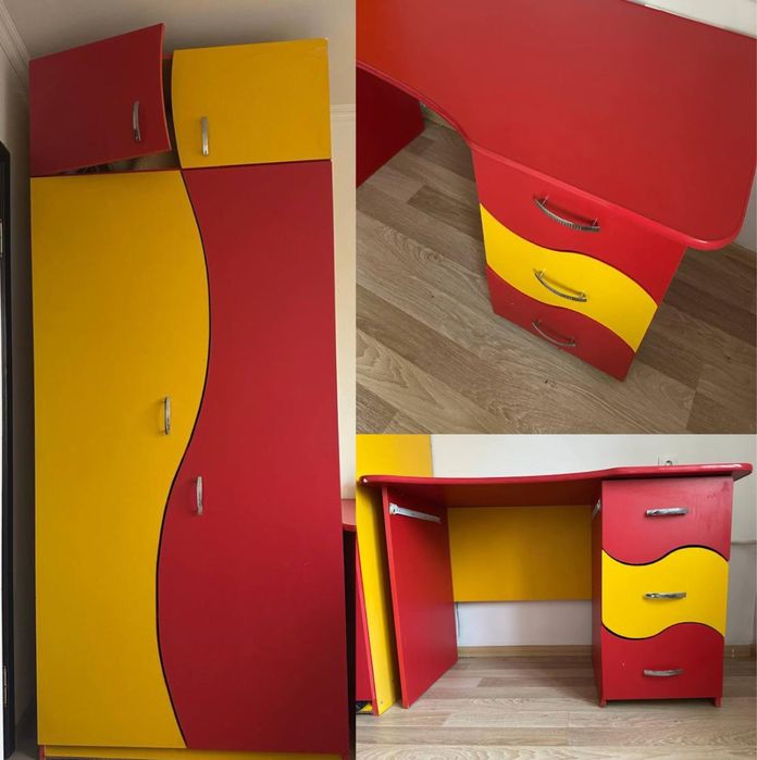 Комплект дитячих меблів: шафа + письмовий стіл (червоно-жовті)