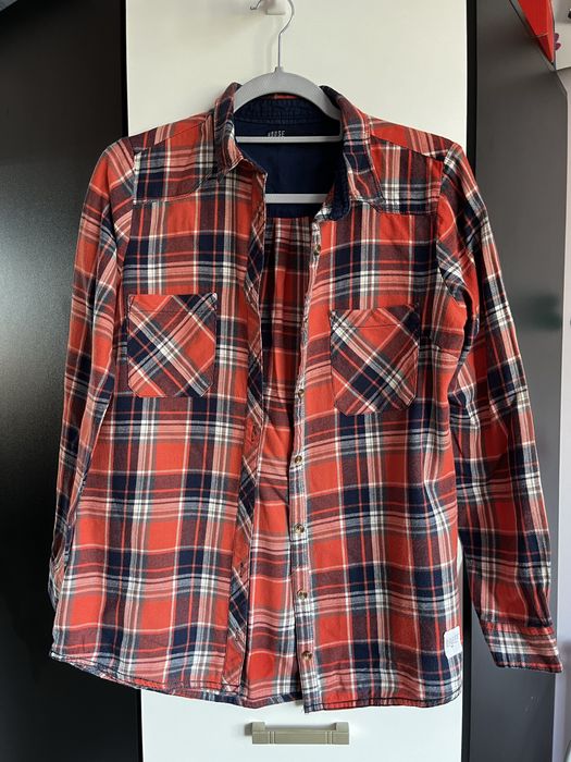 koszula w krate z dlugim rekawem pomaranczowa granatowa na guziki M