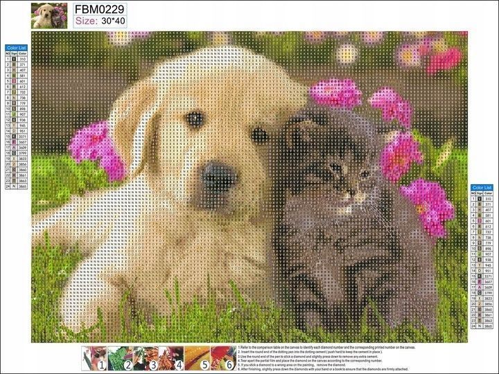 Haft diamentowy 5D 40x30cm mozaika pies kot koraliki obraz kotek