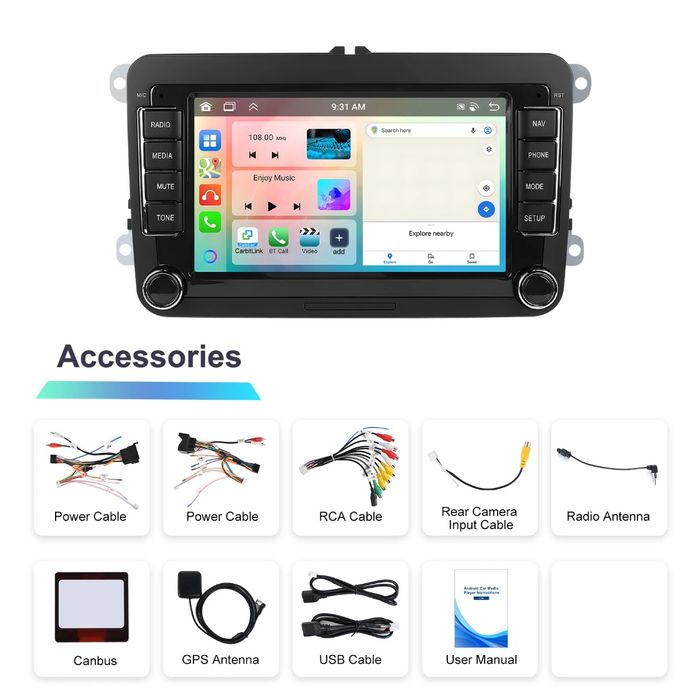 Rádio Android 15 7" VW/Seat/Skoda 6/128GB CarPlay/Auto S/Fios Wi-Fi BT
