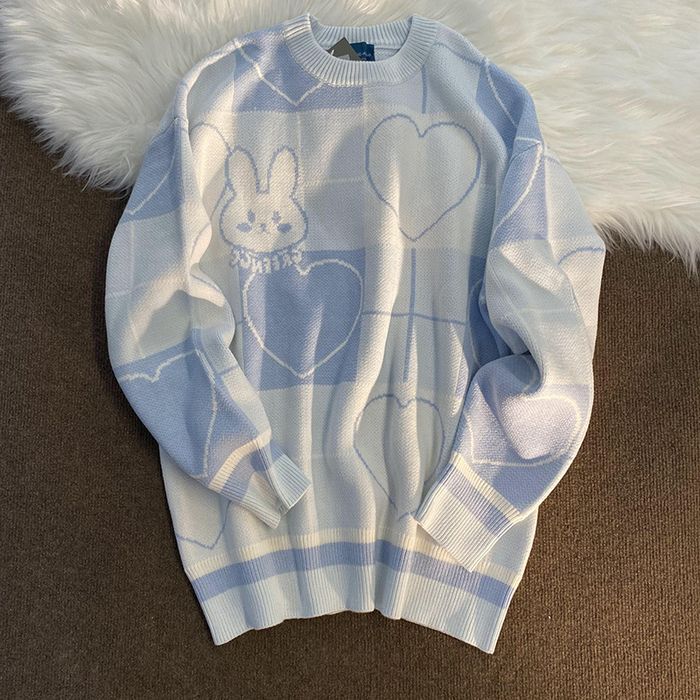 Damski Sweter Oversize w Serca z Motywem Królika Harajuku Kawaii - M