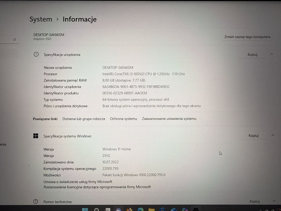 Laptop Dell Inspiron 3501 | i3 | 8GB RAM | SSD | Jak nowy