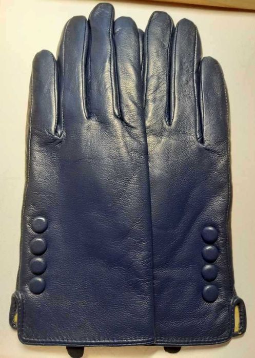 Skórzane rękawiczki damskie S futerko miś granat navy nowe