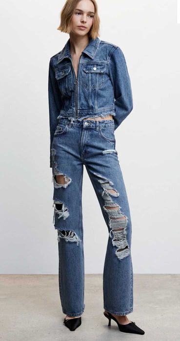 Рвані прямі джинси з високою посадкою mango