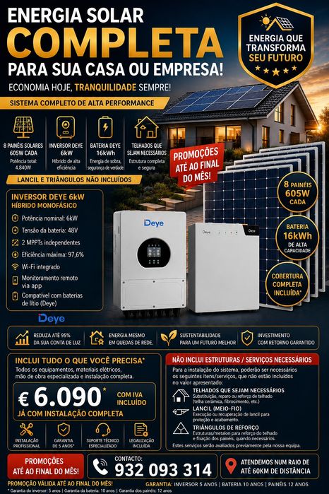 Kit solar completo com Instalação, Inversor deye 6kw+Bateria 16kw+8paineis solares 605w
