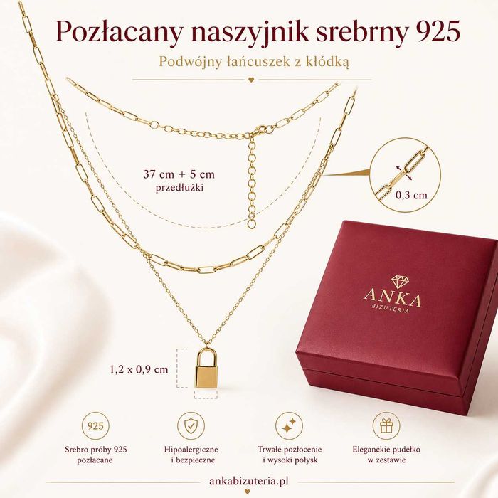 Piękny naszyjnik z pozłacanego srebra podwójny z kłódką