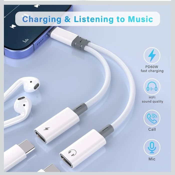 Rozdzielacz USB-C, podwójny adapter słuchawkowy i ładowarka USB-C