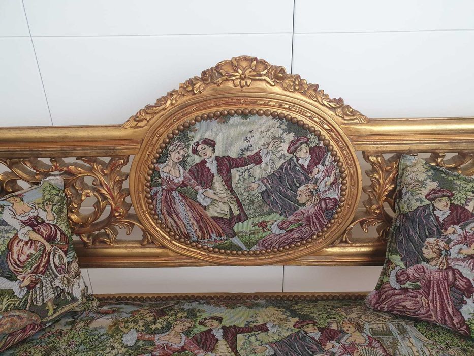 Canapé Antigo Luis XV I Folha de Ouro e Tecido Gobelin RESTAURADO